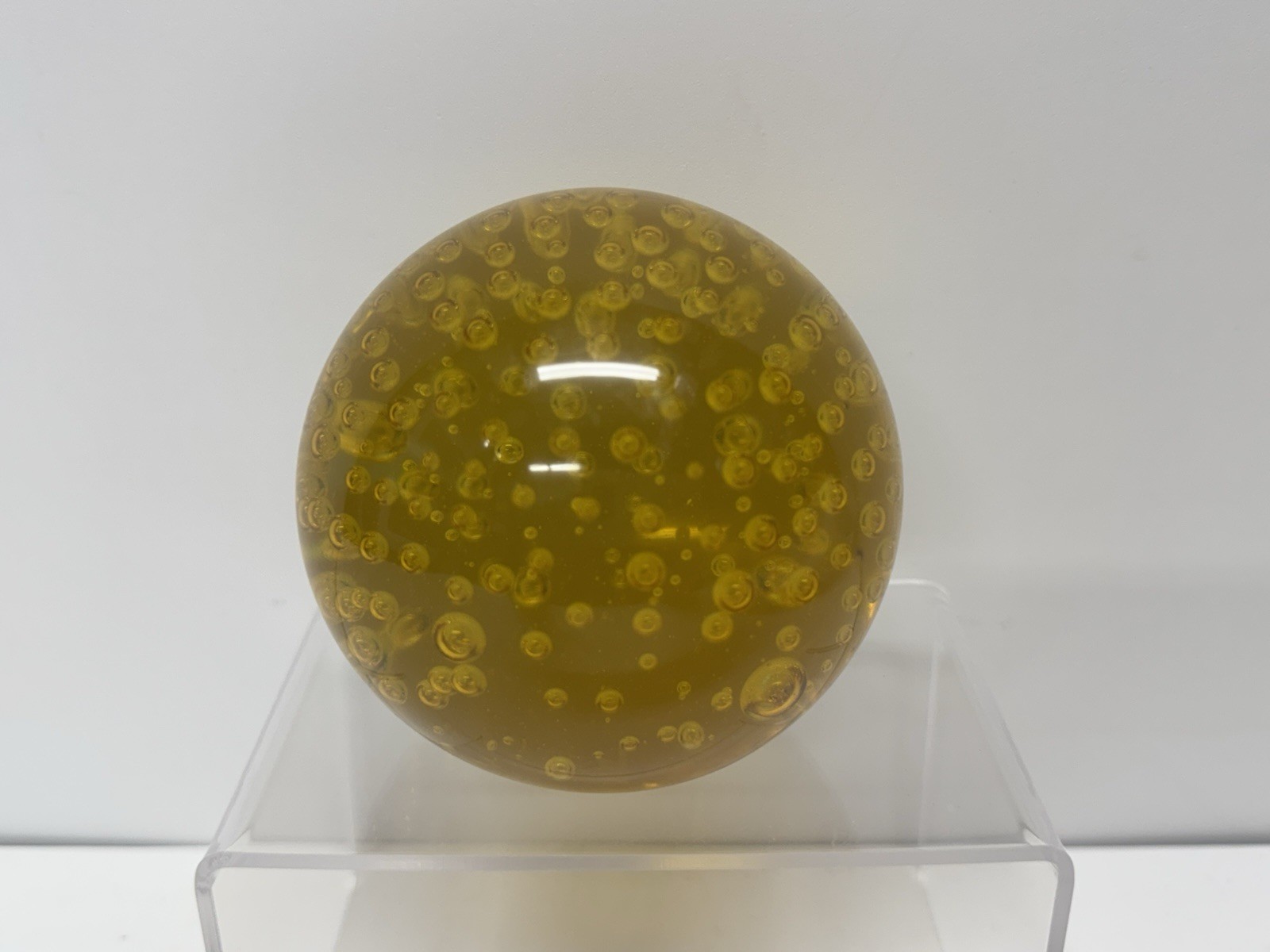 Vintage Mid Century Large Amber Glass Round Sphere Paper Weight Control Bubbles