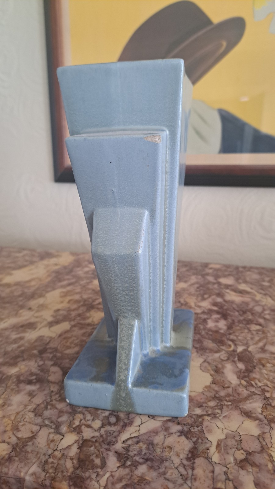 Transitional Art Deco Skyscraper/Fan Matte Blue Vase vtg 1930s