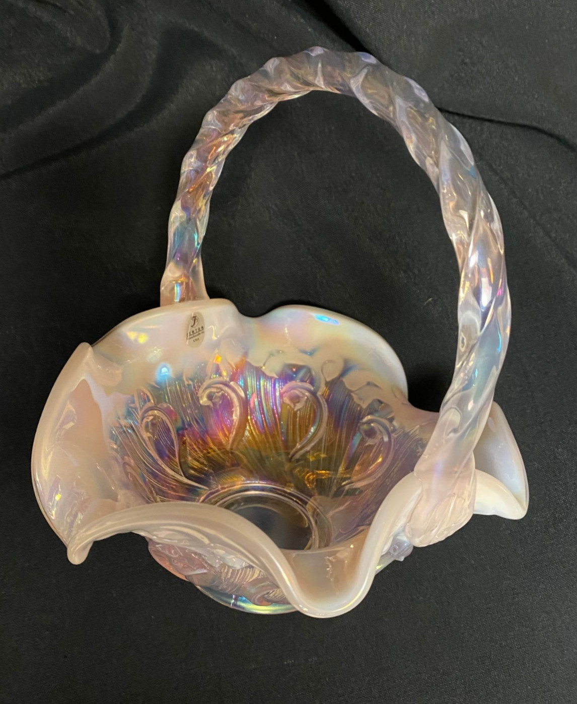 Fenton Pink Champagne Satin Opalescent Glass Lily Of Valley Twist Handle Basket