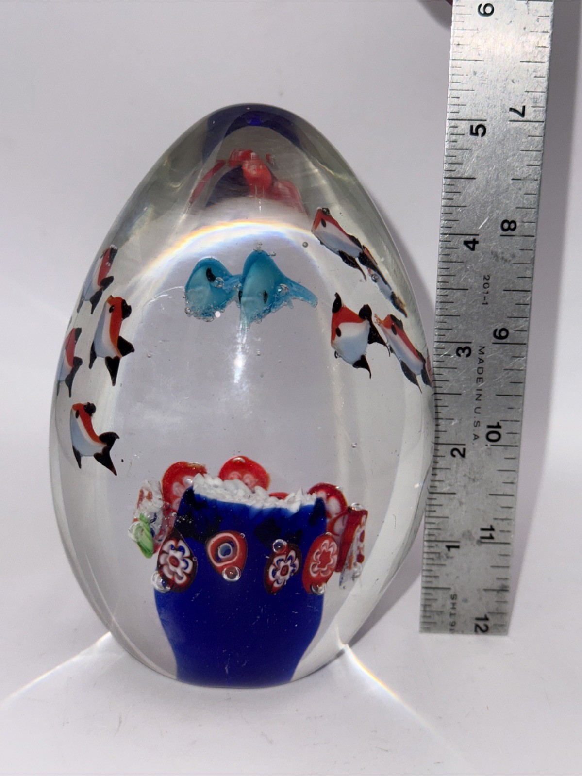 Vintage 5.5 ” Tear Drop Glass Paperweight Multicolor Fish Aquarium. 3 lbs+