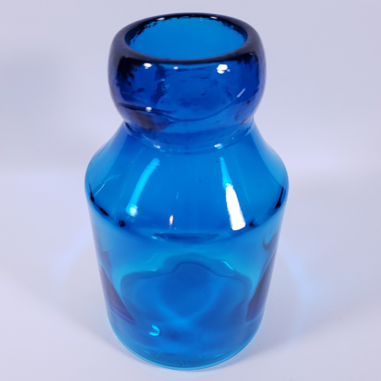 LARGE MCM Aquamarine Sapphire Blue Thick Heavy Blown Art GLASS JUG BOTTLE VASE