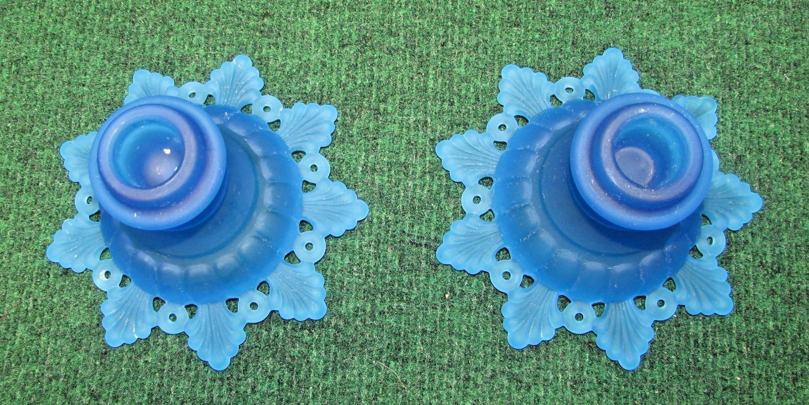Westmoreland Blue Satin Glass Lace Edge Candleholders Pair Two Pieces Vintage