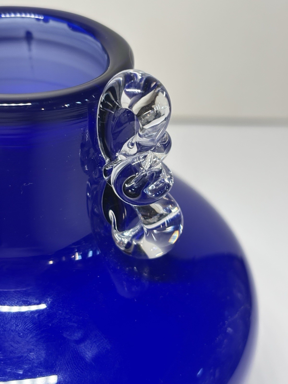 Beautiful Hand Blown Art Glass Cobalt Blue Vase 6” X 5” W Handles Vintage Decor