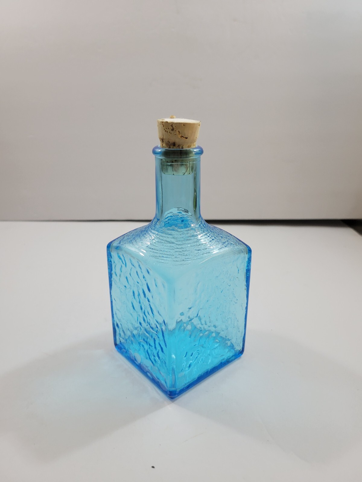 Decorative Turquoise Blue Textured Glass Square Bottle w/Cork Stopper 6″