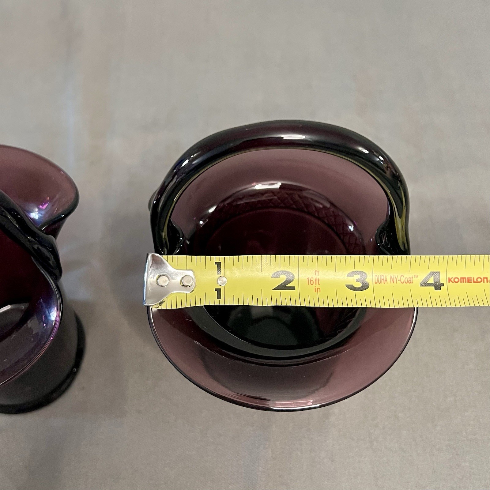 VTG Set Of 2 Glass Baskets W/ Handle Amethyst Color 4.5×3.5×6.25” Curved Lip