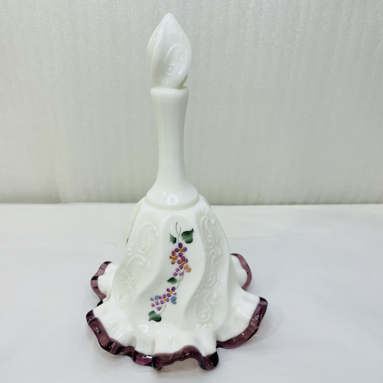 Vintage Fenton Violets Purple Crest Ruffled Bell Artist Signed 6.75″ Tall
