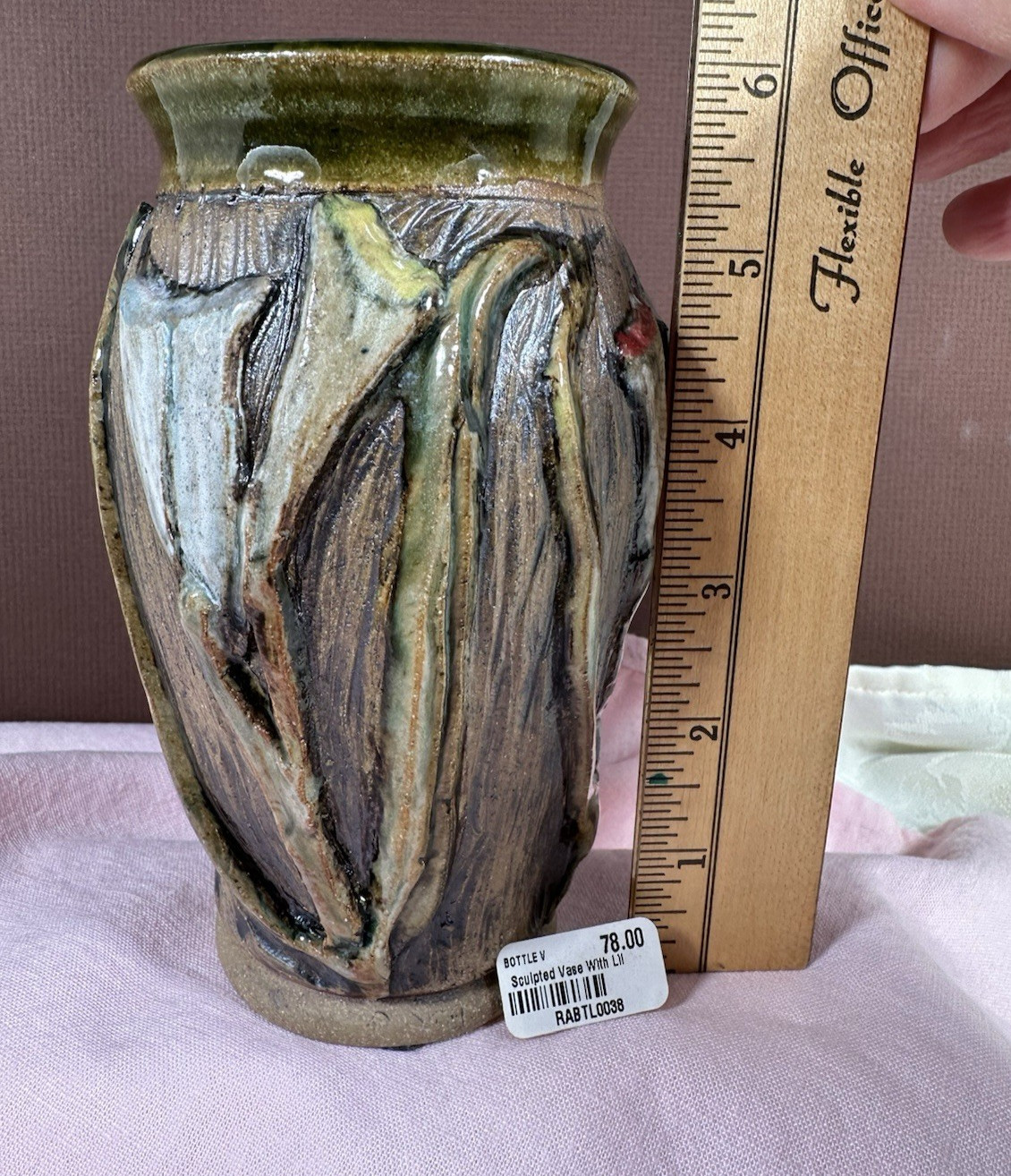 Studio Art Pottery Glazed Vase 3D all over Calla Lilies Signed by Artist 6″ Tall