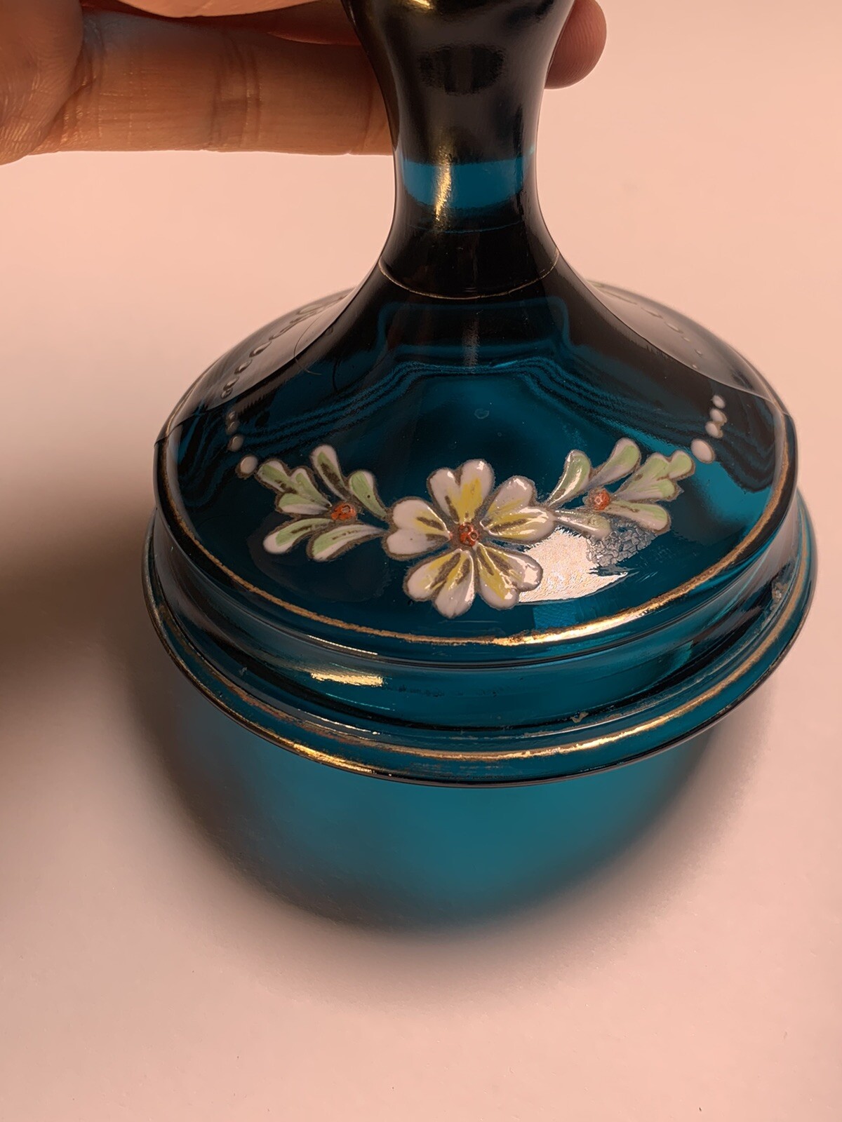 2V Candle Sticks Holders Peacock Jasper Blue Teal US Glass Tiffin Hand Painted