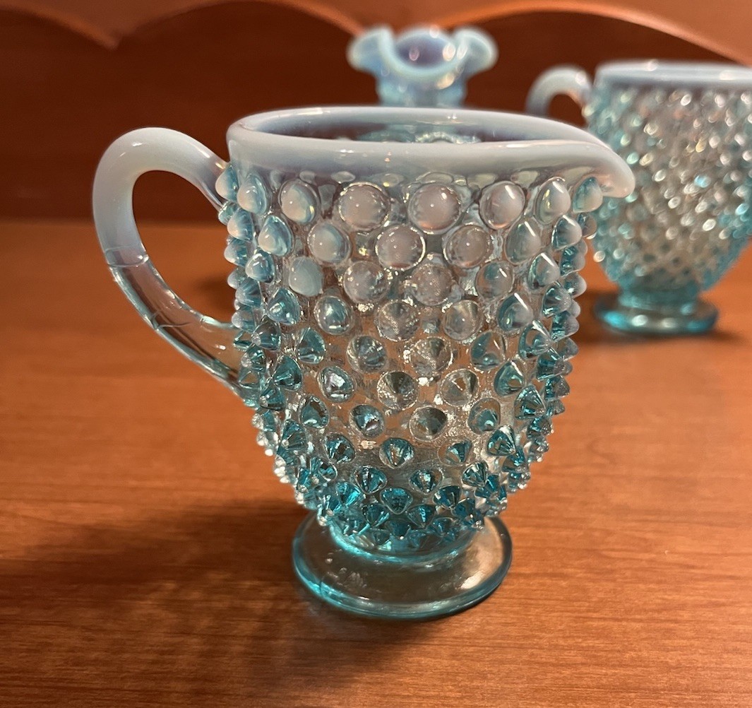 Vintage Fenton Hobnail Glass Mini Vases Blue Set Of 3. Translucent Milky Blue