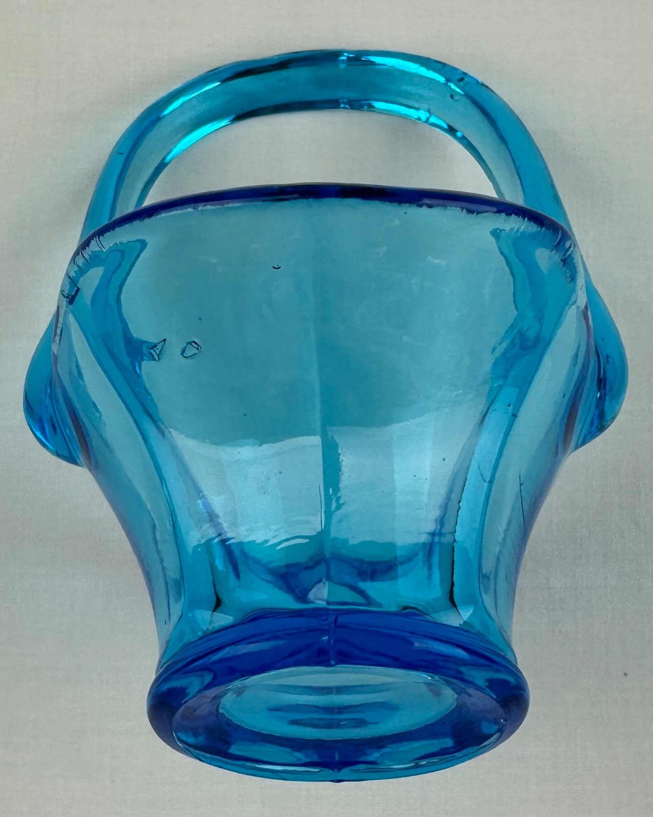 Vintage blue depression glass bride’s basket applied handle 4″ tall 3 3/8″ wide