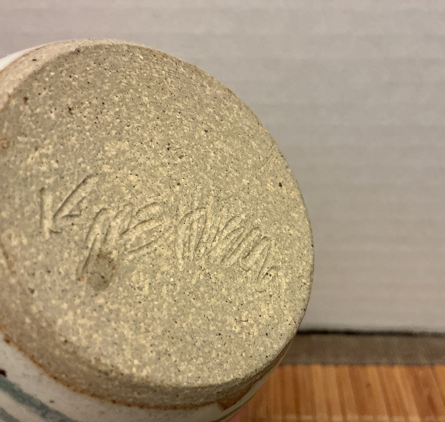 Small studio pottery Vase Signed By Artist Beige And Blue Stripe Glaze