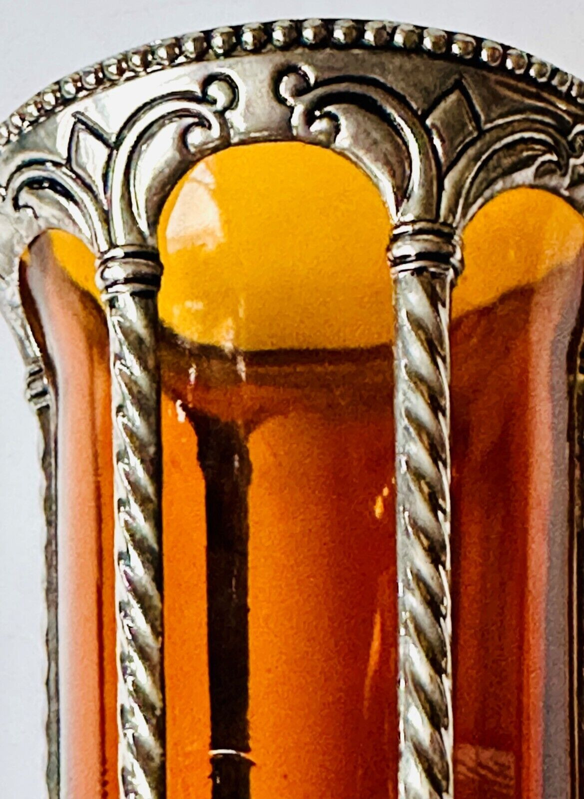French Neoclassical Amber Art Glass Tumbler With Decorative Silver-Plated Metal.