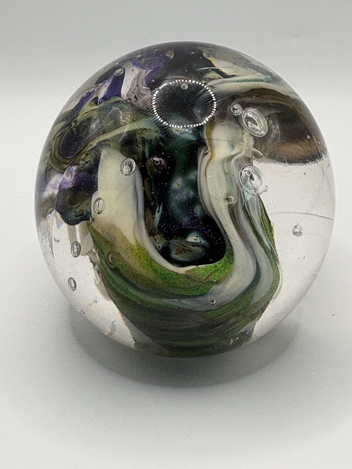 Signed Studio Art Glass Iris Paperweight Floral Sphere Dated 2018 Fireworks