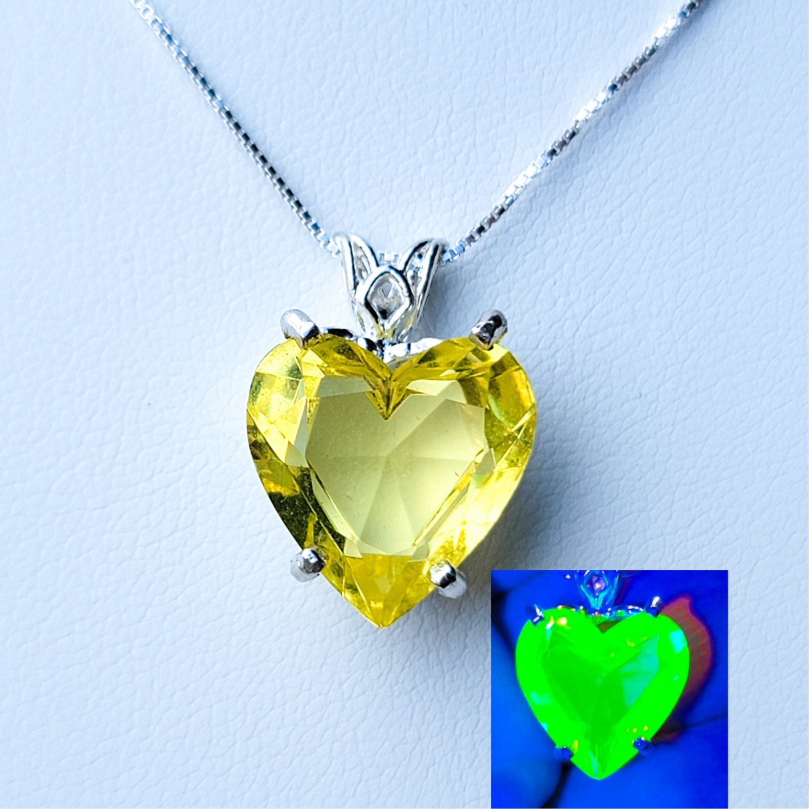 Sterling Yellow Uranium Glass Heart Necklace Canary 925 Silver