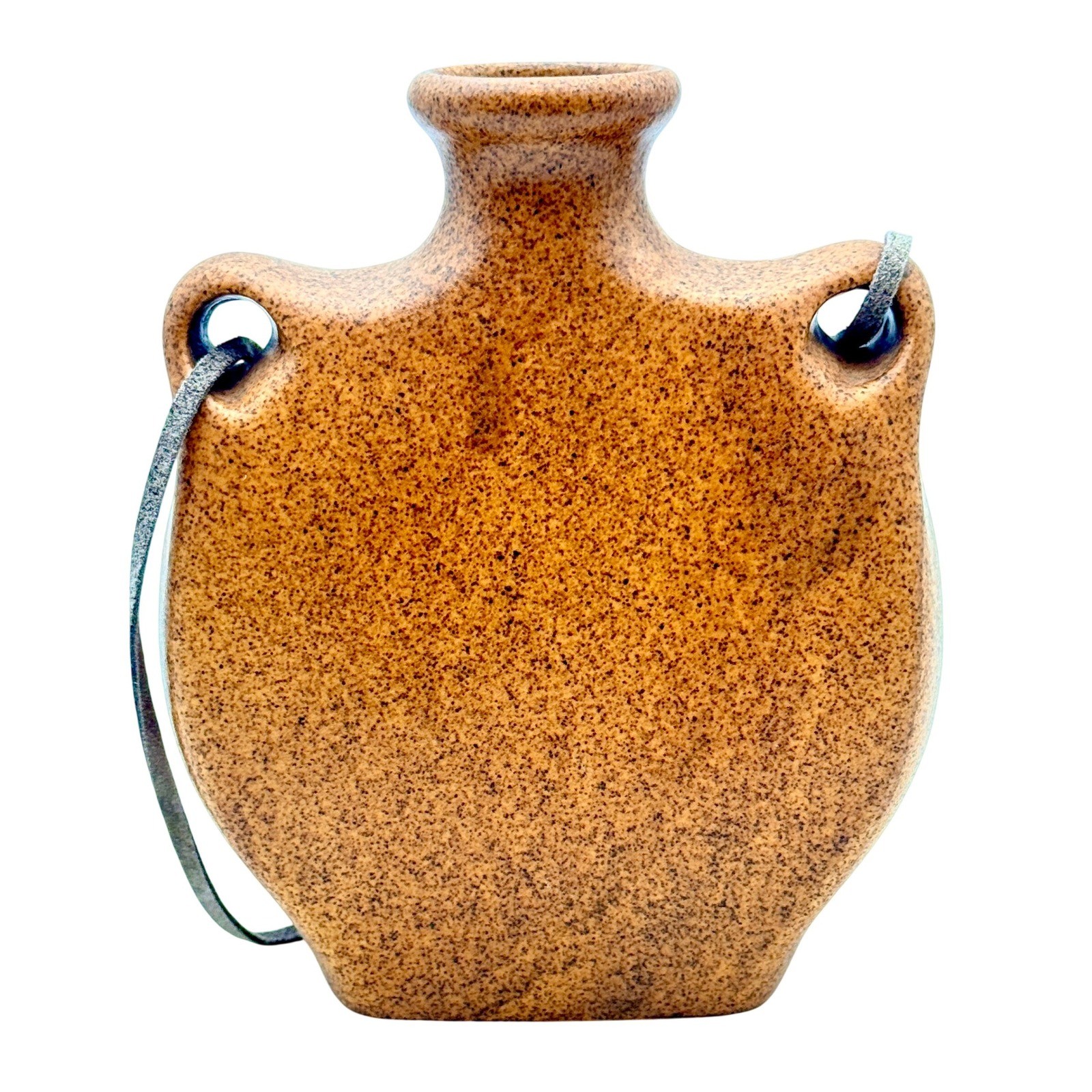 Snake Canteen Vase Mira Ceramic Pottery Brown Speckled Sgraffito Suede Cord 7″