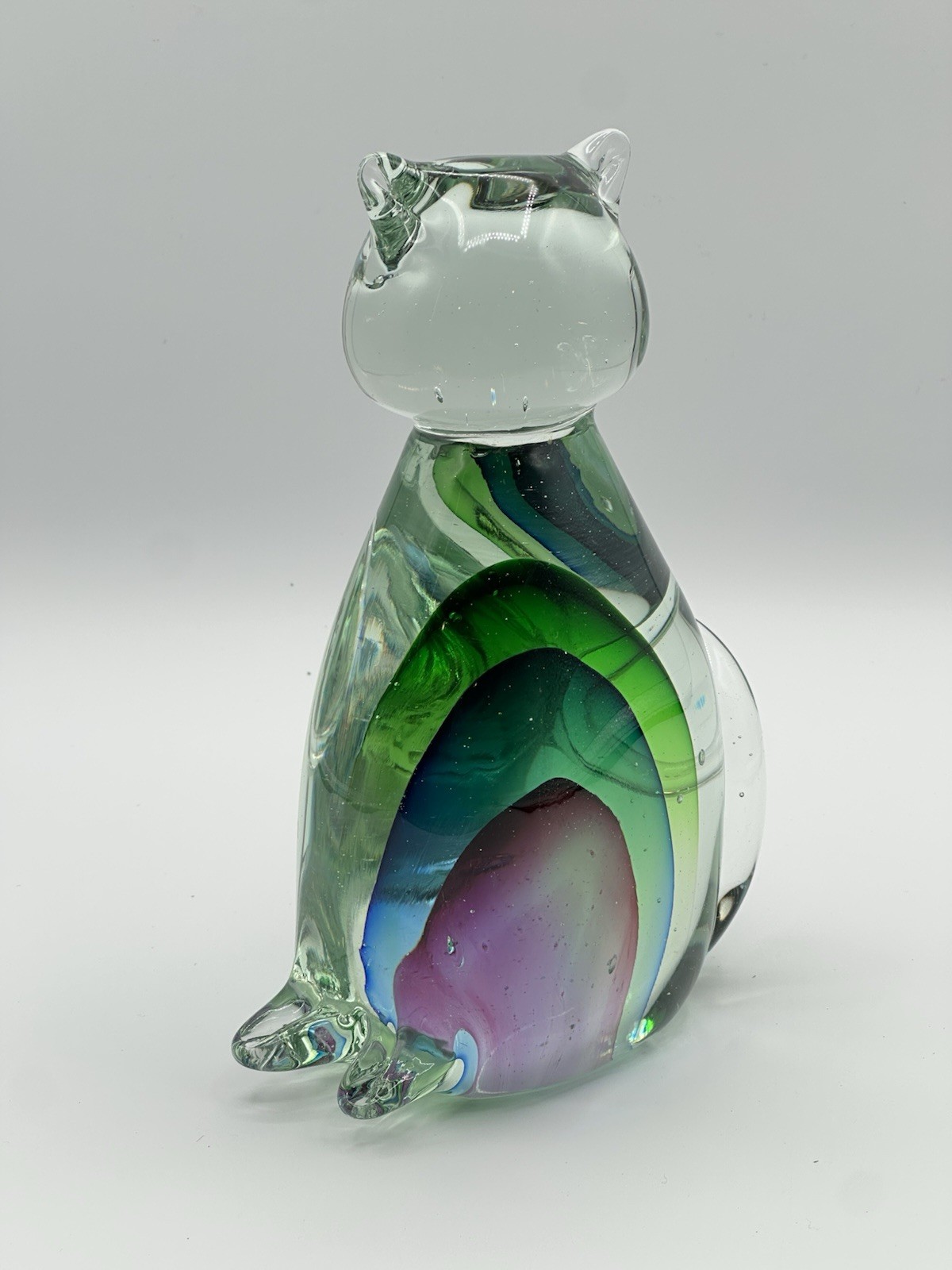 Sommerso Art Glass Cat Sculpture 7 5/8” Tall Burgundy Blue Green In Clear