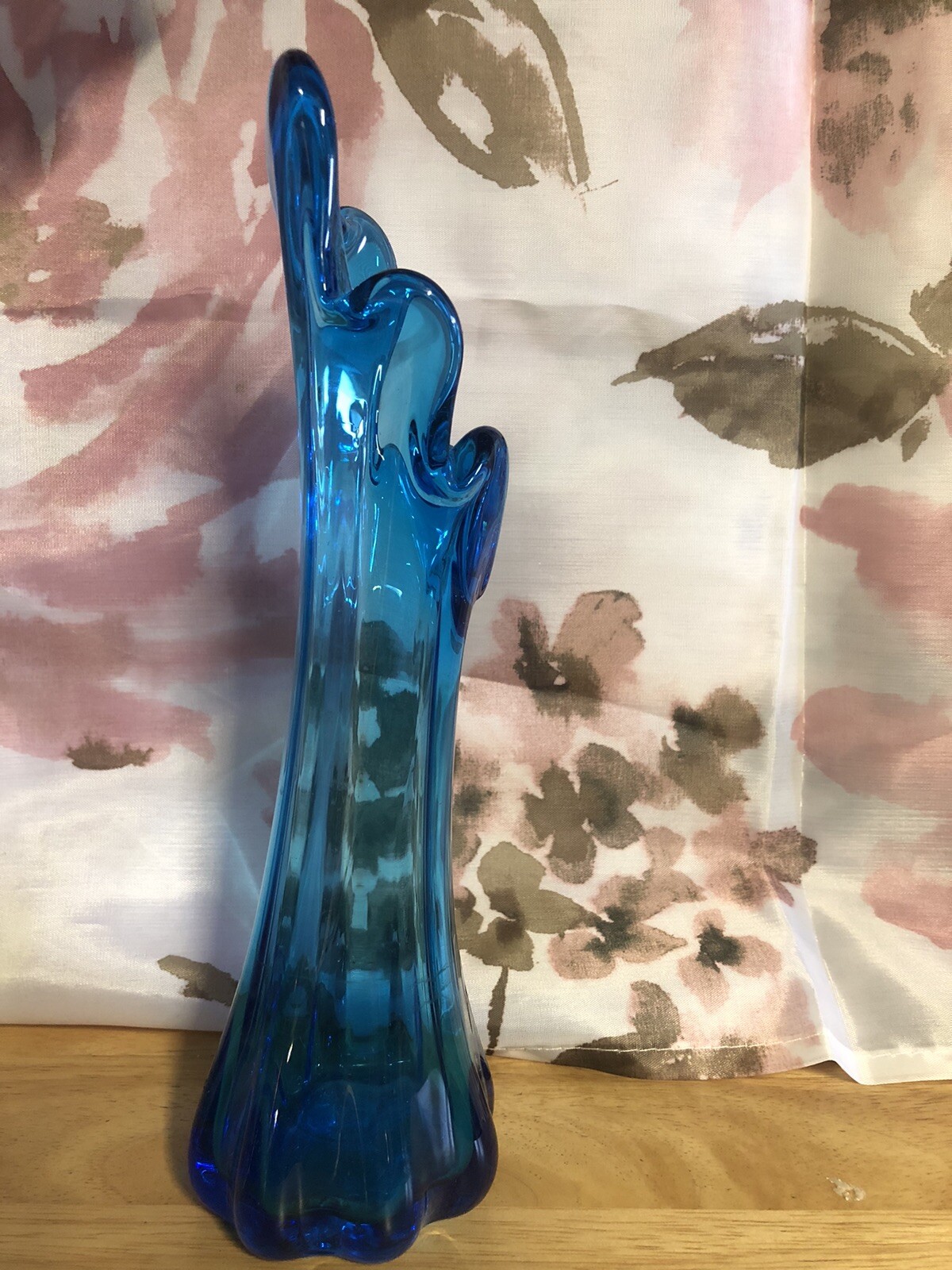 LE Smith 10” Small Swung Five Finger Vase Ribbed Blue Hand Blown Art Glass