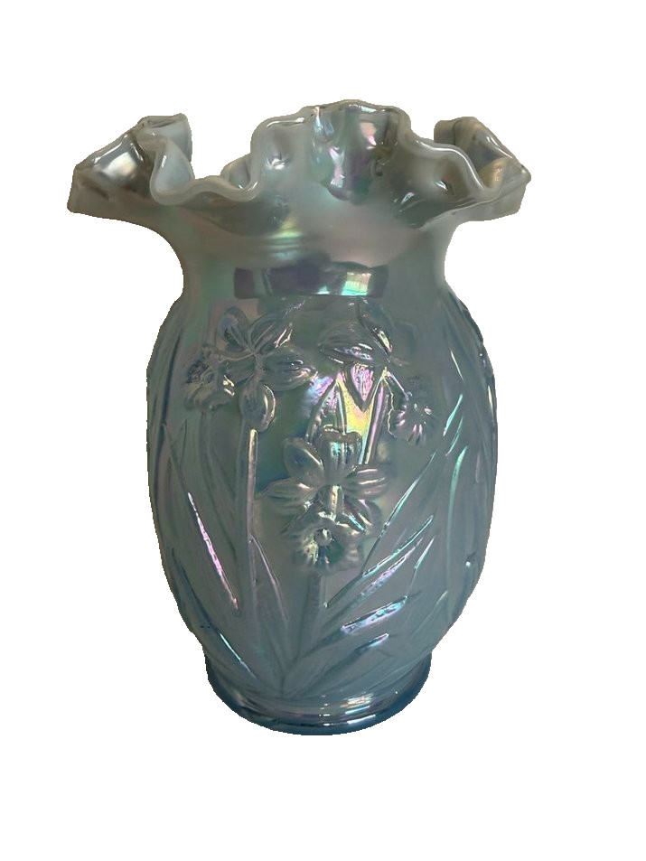 Fenton Opalescent Light Blue 8″ Tall Vase with Daffodils Rare Glass Collectible