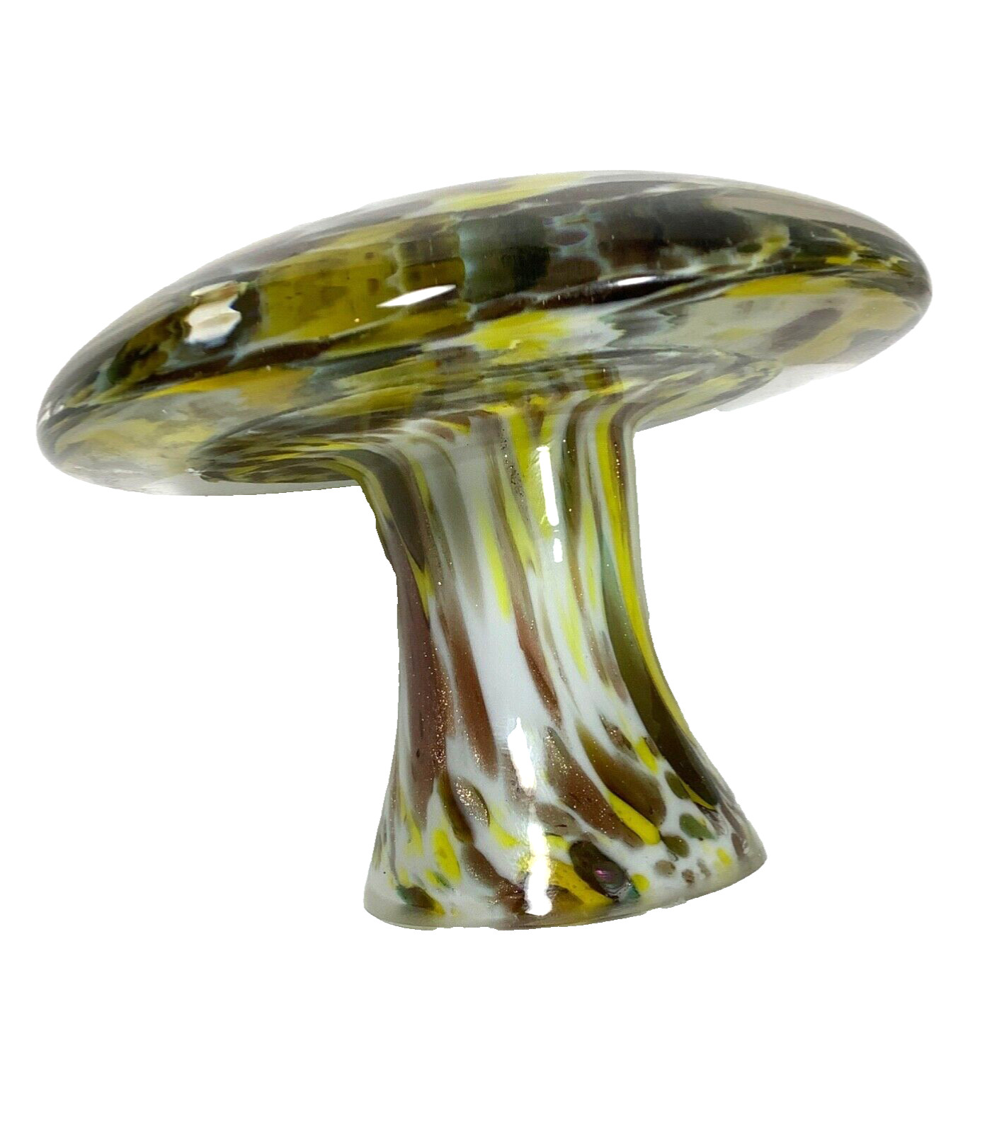 Yellow White &Brown Swirl Glass Mushroom Paperweight 3” Possibly Murano