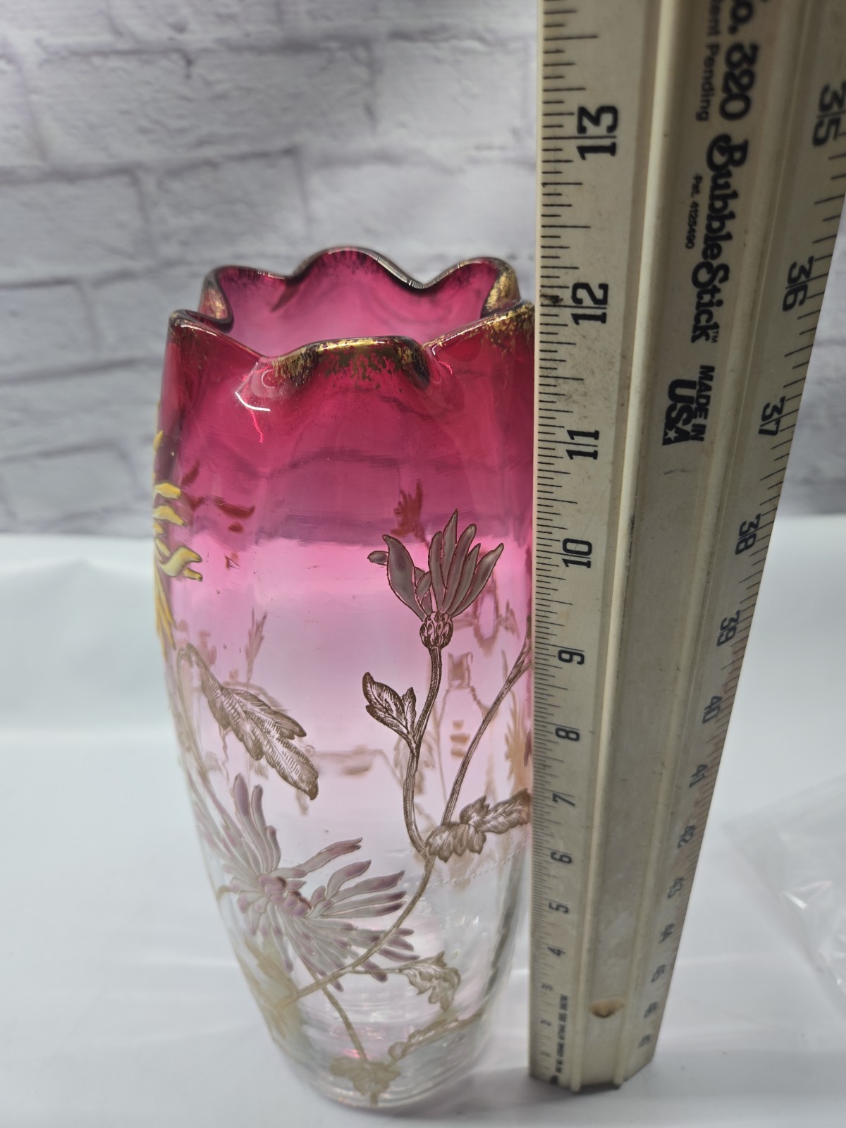 ANTIQUE LEGRAS ENAMELED MT JOYE ST. DENIS CHRYSANTHEMUM DECOR RUBINA GLASS VASE
