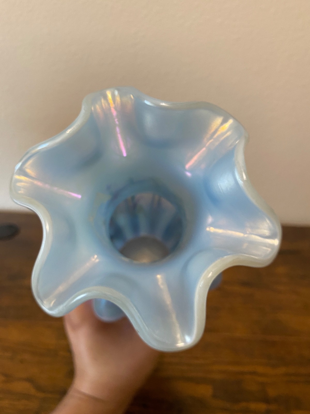 VTG FENTON FOR COYNE Sapphire Blue Opalescent Floral Melon Vase #851, 11 1/8″H