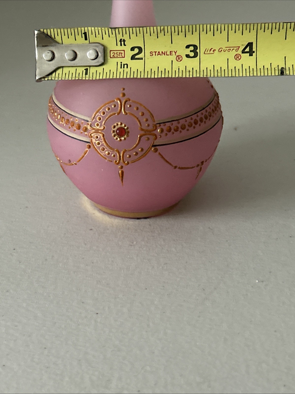 Handblown Pink Satin Glass Bud Vase, Gold accents