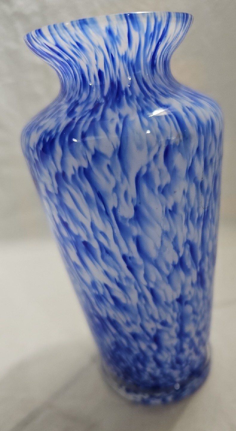 Hand Blown Blue White Speckled Stretched Glass Vase