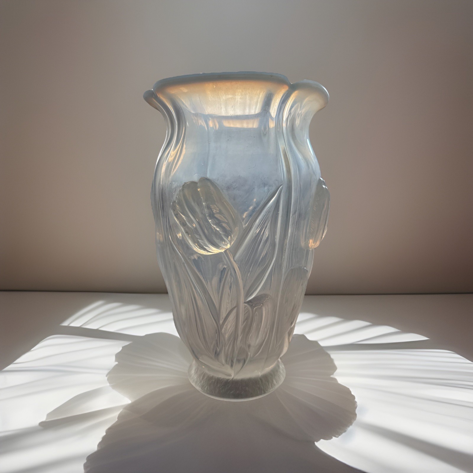 BAROLAC CZECH OPALESCENT vase molded tulips SIGNED! Glass w/ Ring of fire rim
