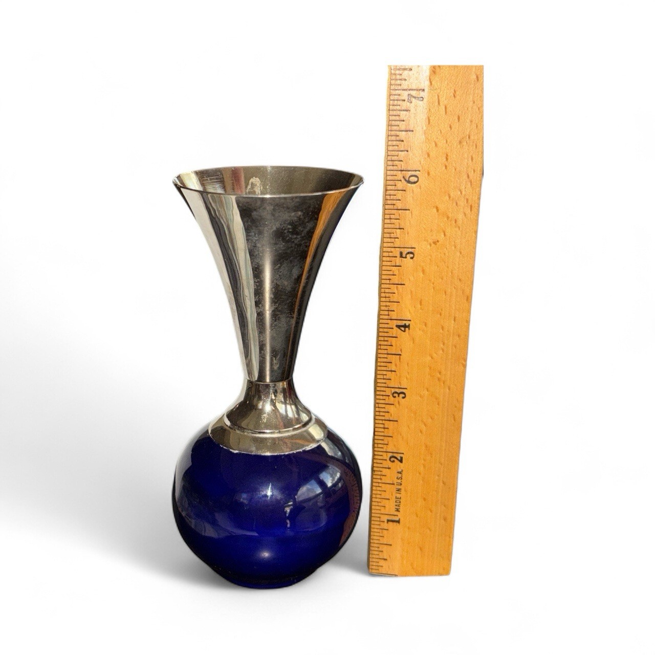 Vtg UCAGCO 6 inch Cobalt Blue Glass And Metal Bud Vase Holland Original Sticker