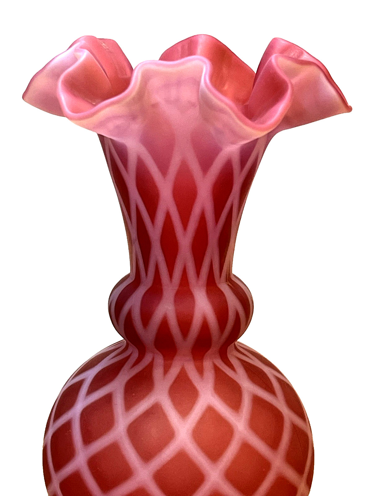 Vintage Fenton Cranberry Opalescent Satin Glass Vase Diamond Optic Ruffle