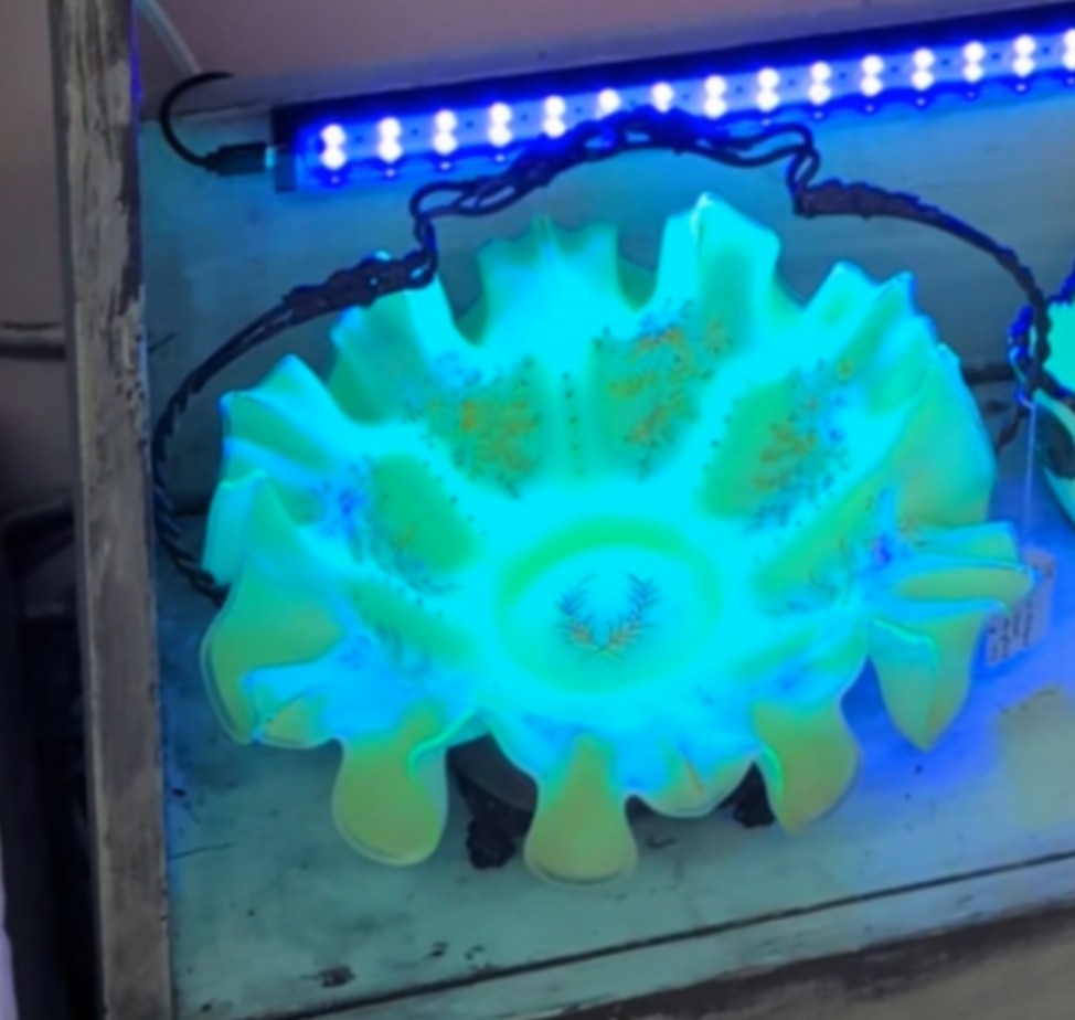 Antique Victorian Uranium Custard Bridal Basket Ruffle Edge Glows