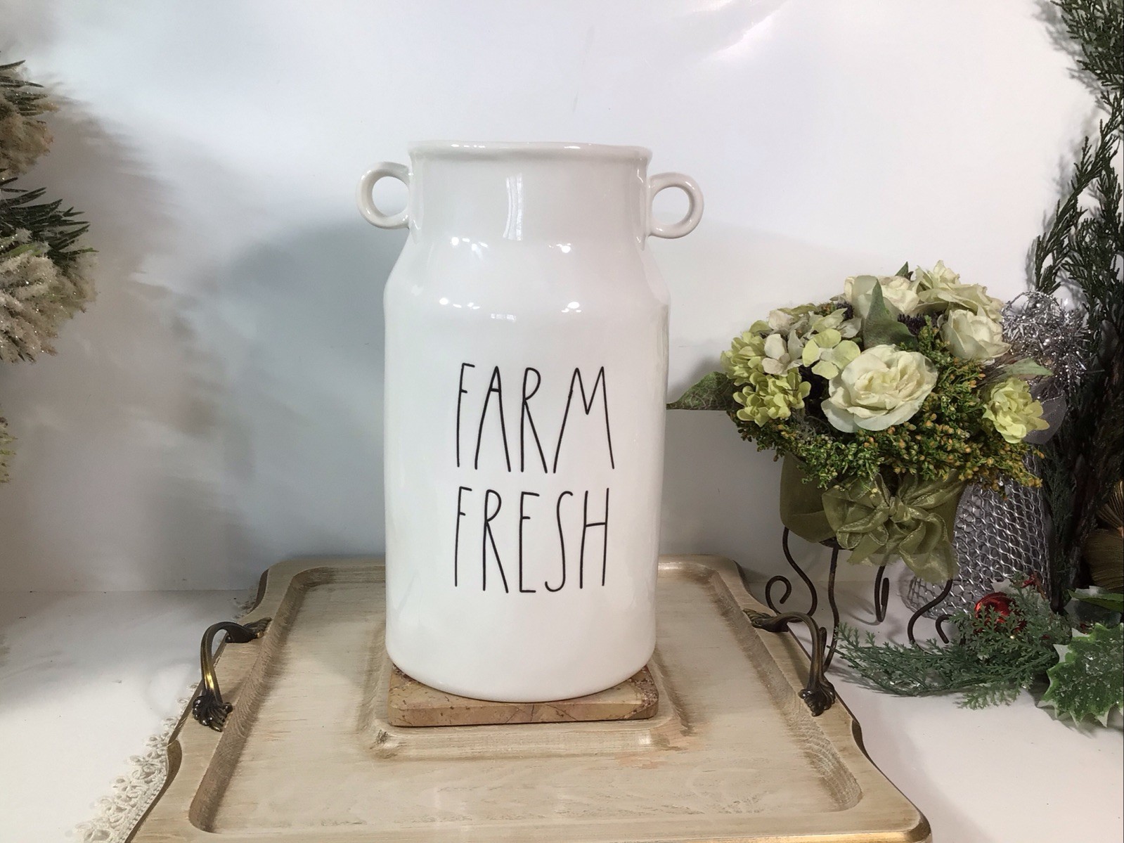 Rae Dunn “FARM FRESH” White Milk Jug / Vase With Handles ~Farmhouse ~ 9.5”