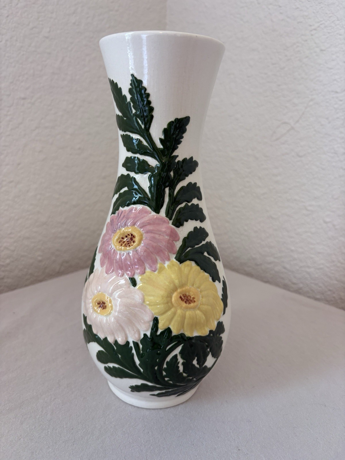 Holland Mold Hand Painted Signed French Art Pottery Floral Vase Glossy White