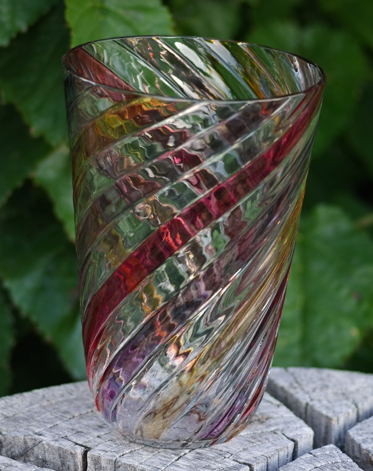 VINTAGE Bohemian Glass VASE Optic Swirl 8″H Made in Czechoslovakia c.1970’s