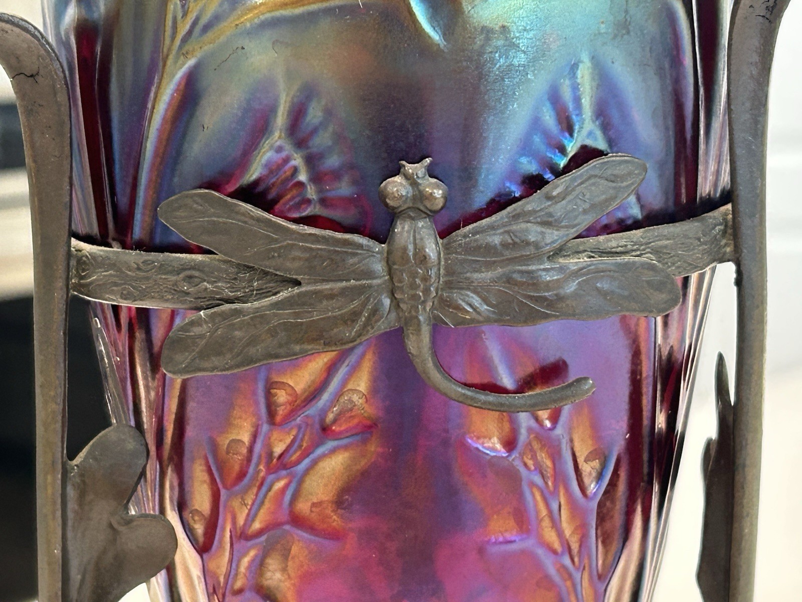 Loetz Iridescent Glass Red Thistle Dragonfly Bronze Mount Tear Drop Vase