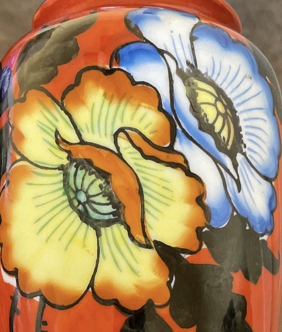 Red Letter Japan Orange Vase Blue and Yellow Flowers