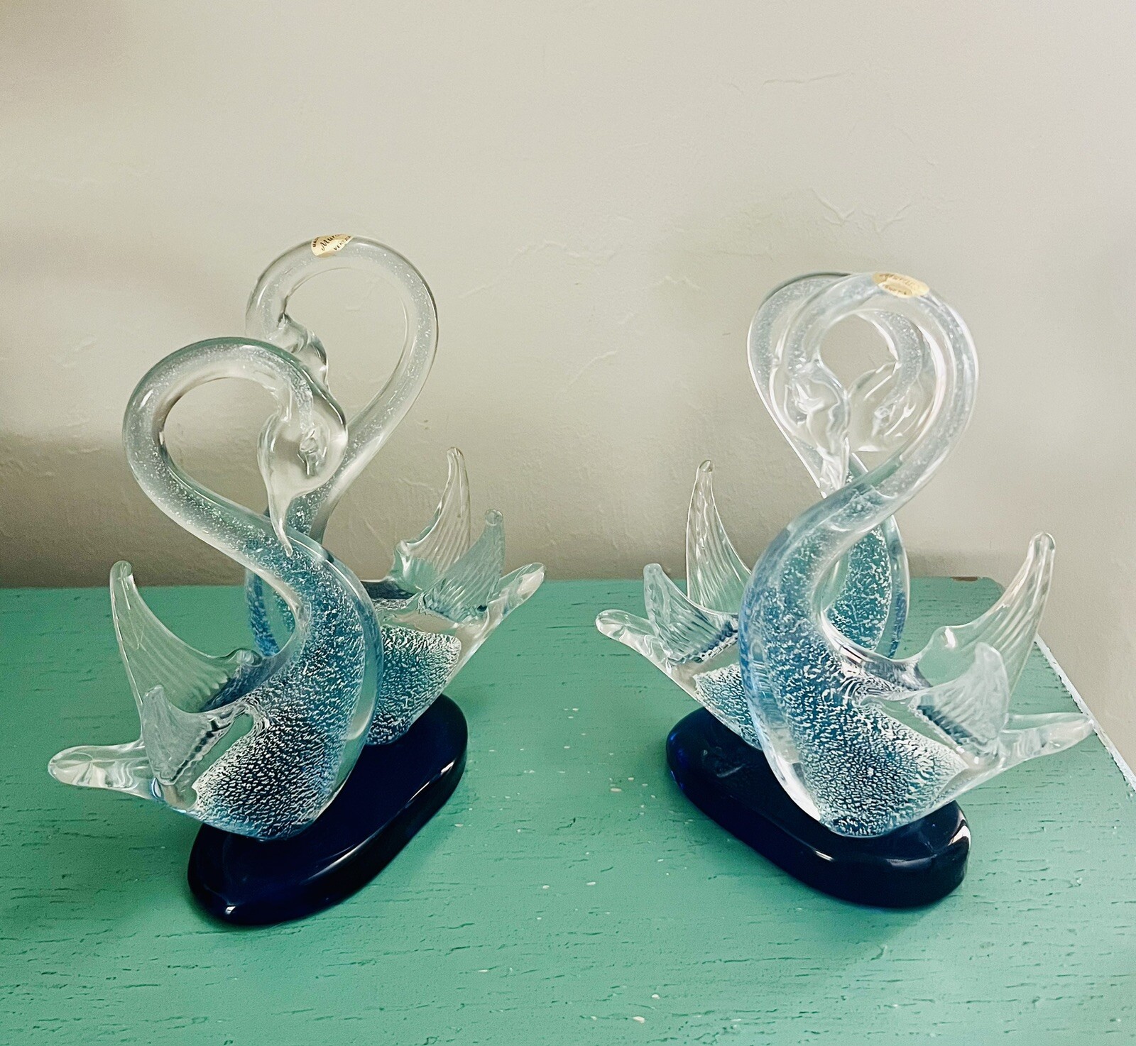 2 Rare MURANO Italy Art Glass Pair of Swans Blue Silver Figurine Heart Love