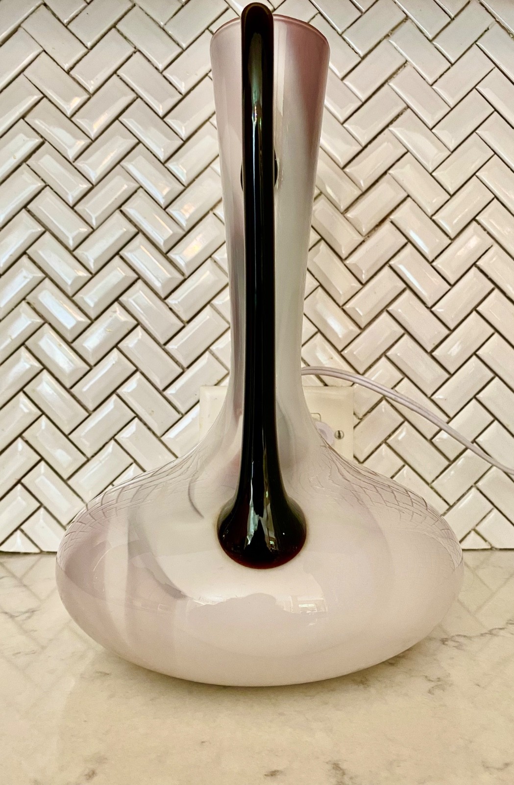 60s Art Glass Pitcher Vase Amethyst White Lavender w/ Handle Hand Blown 12.5″