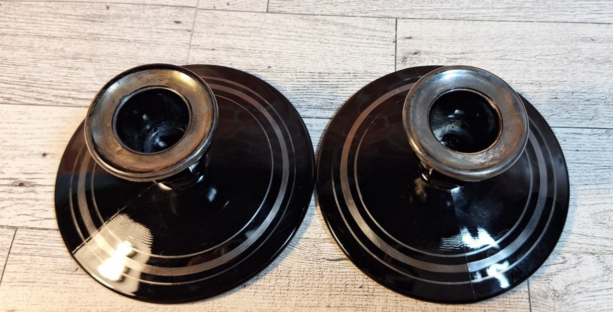 Vintage Black Amethyst Glass Candle Stick Holders Pair Set