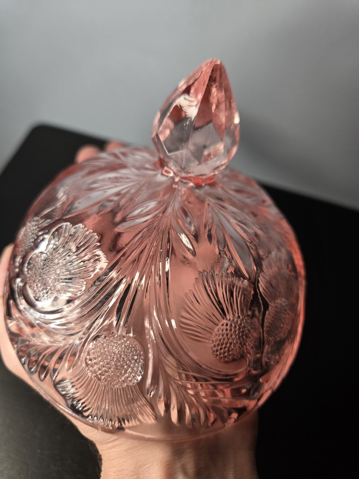 Mosser Glass Inverted Thistle Print Pink Glass w Selenium UV GLOW Spike Dome
