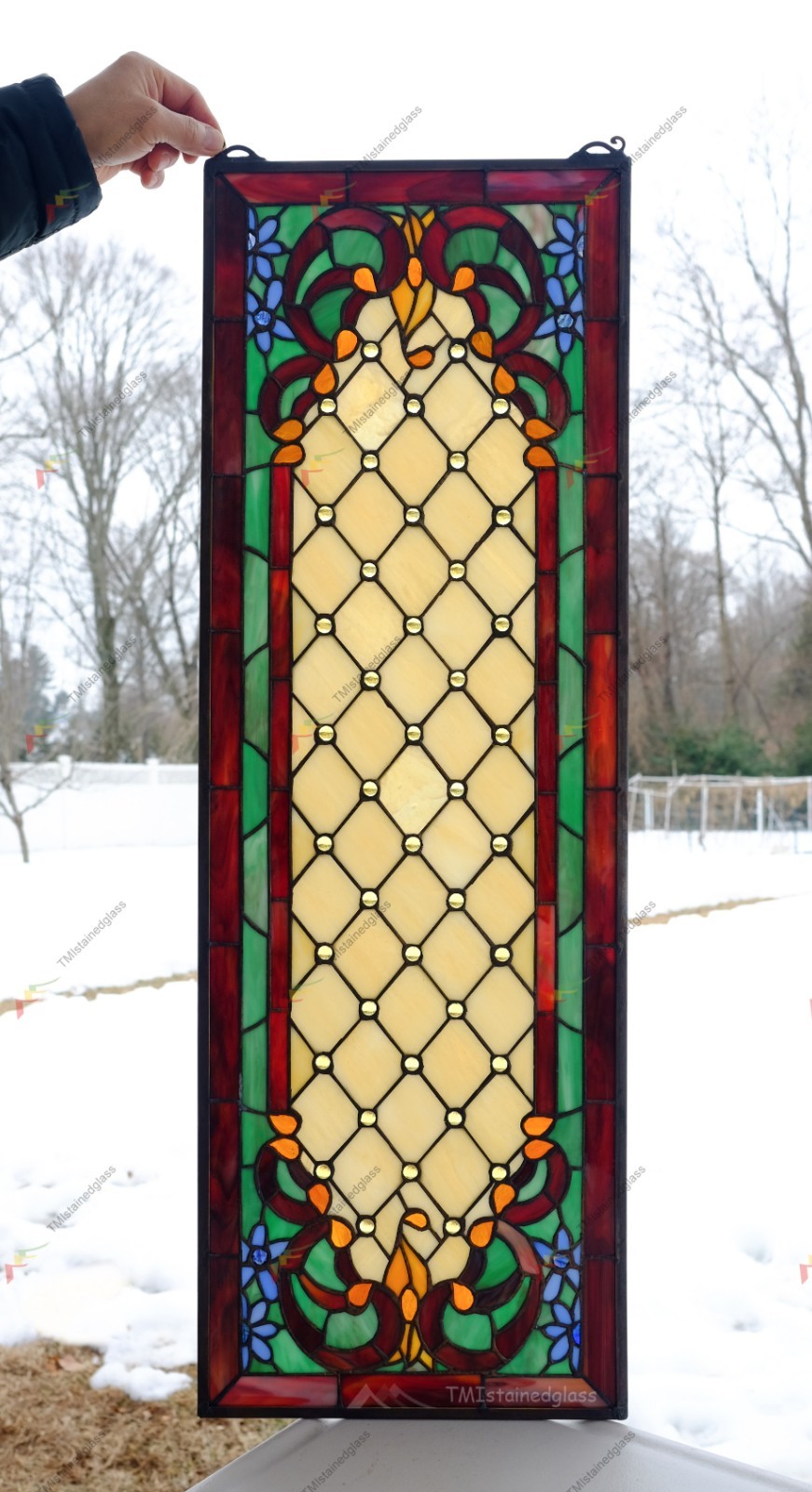 12.25″ x 36″ Tiffany Style stained glass window panel Jeweled glass panel, HF44