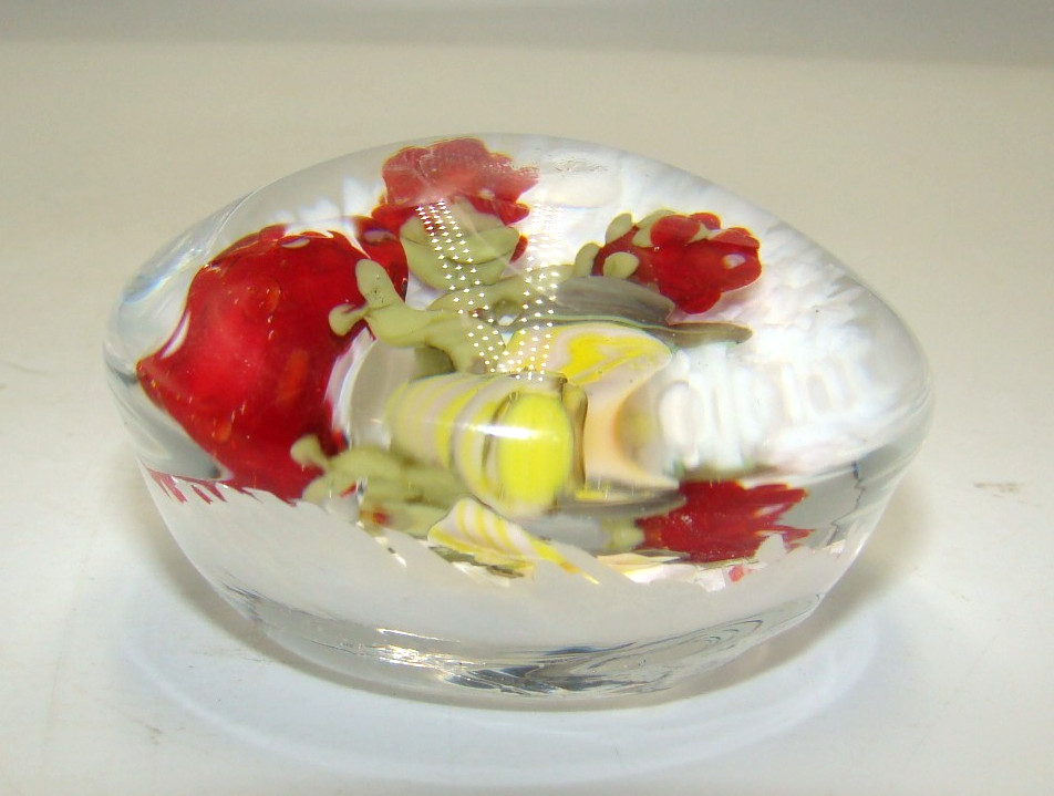 Lampwork Berries & Flower Glass Paperweight w/Signature Cane