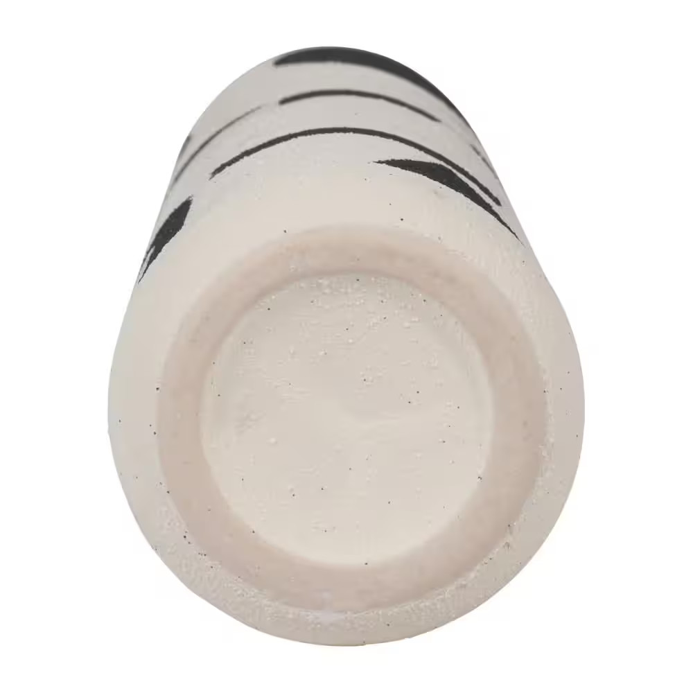 15 In. Ivory Stoneware and Suar Wood round Abstract Funky Decorative Vase