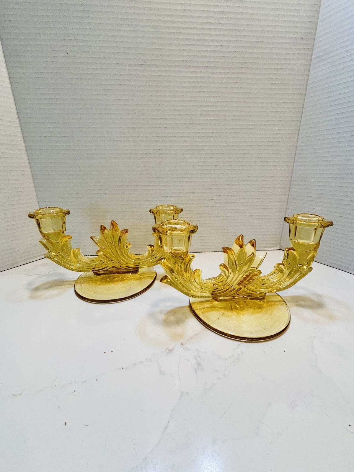 VTG Fostoria Baroque Candlestick HJolders Topaz Yellow Glass Art Deco