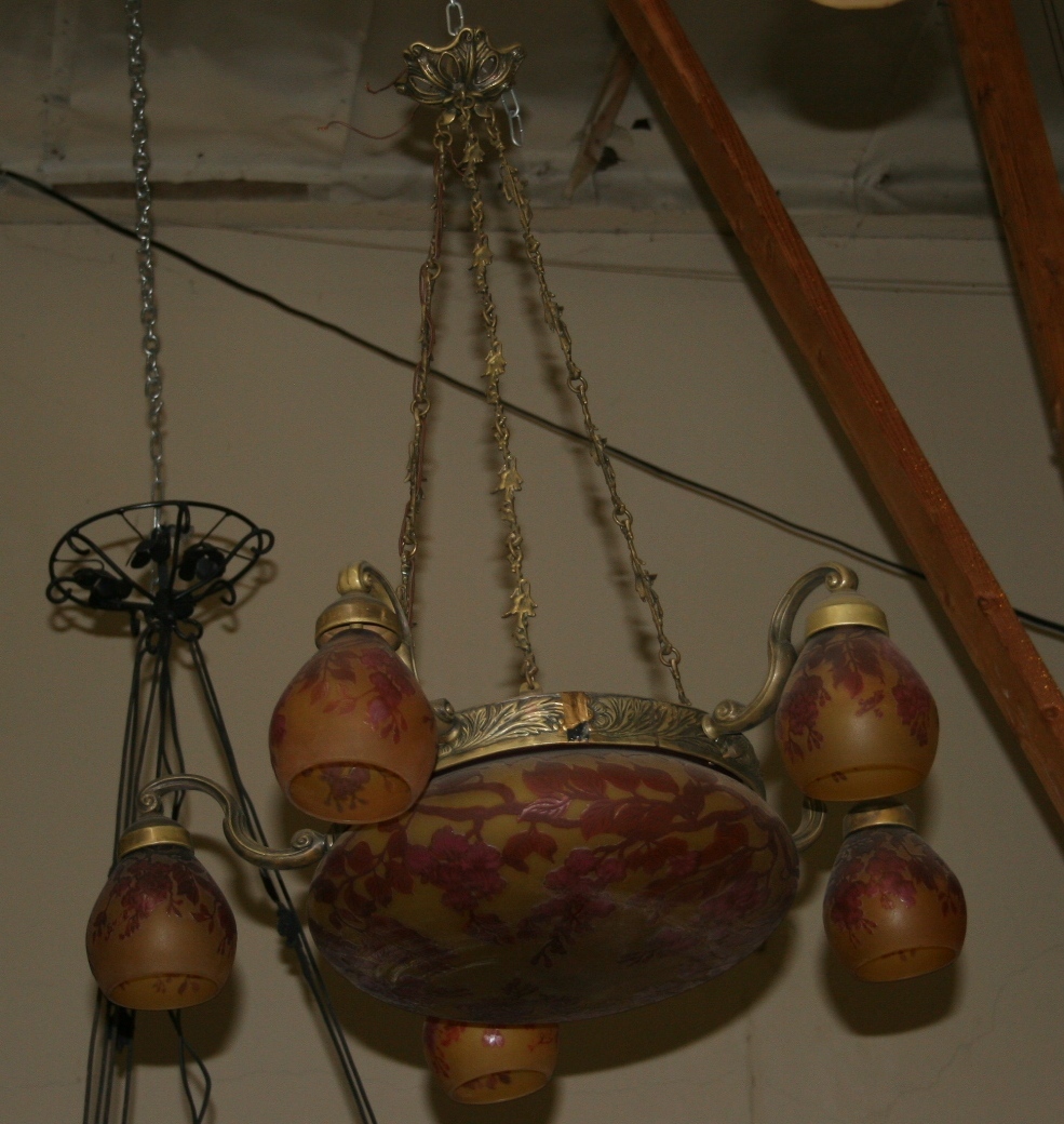 Vintage Acid Etched Cameo Glass Galle Style Hand Made Chandelier