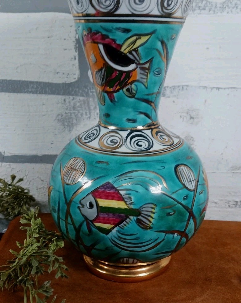 Fish Underwater Vase Handmade Greece Pottery Turquoise Shows Ware Inside Rim