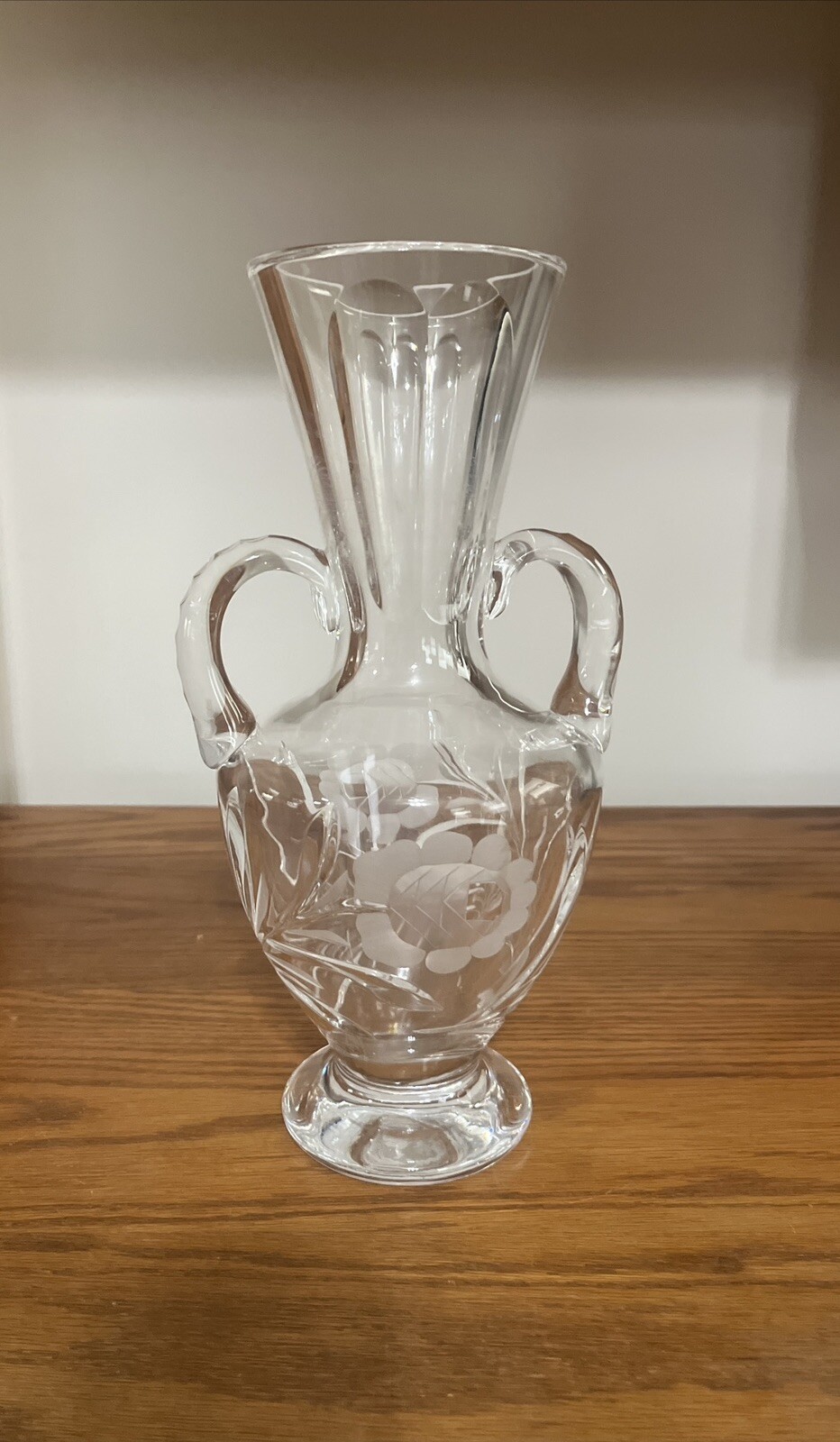 ANTIQUE GORHAM 11 3/4” TALL ETCHED CUT LEAD CRYSTAL TWO HANDLE VASE – 4lb 11 oz.