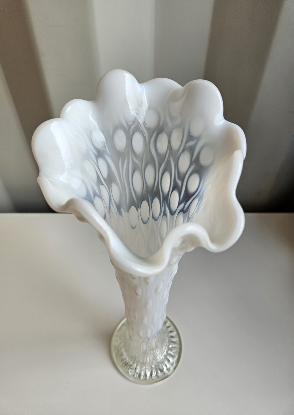 Antique NORTHWOOD Clear w/ White Milk Glass Tree Trunk Bark Vase c1900 12 3/4 In