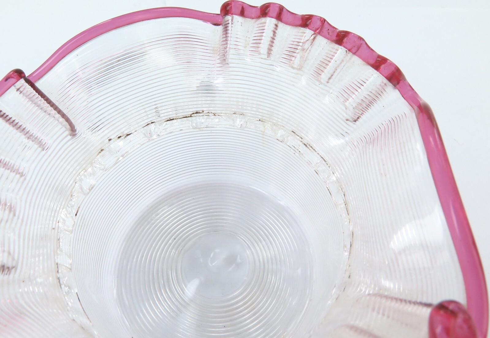 Late Victorian / Edwardian Threaded & Ruffle Glass Small Bowl with Cranberry Rim