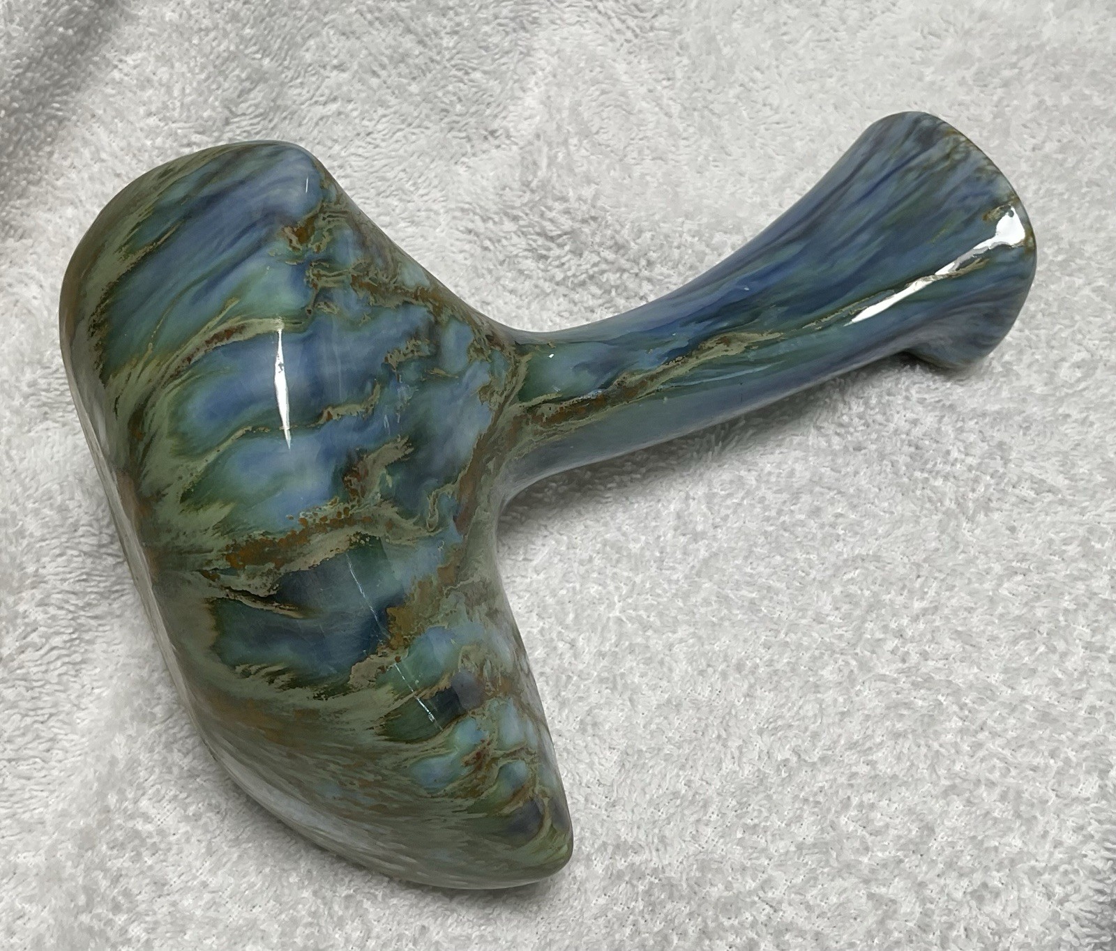 Signed Monterey Jade art pottery tri-corner 7.25” vase